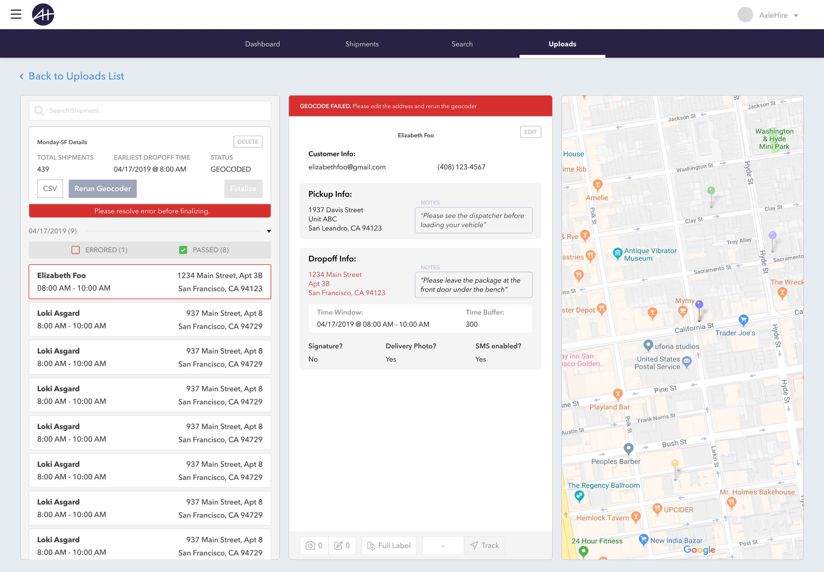 CSV upload validation errors