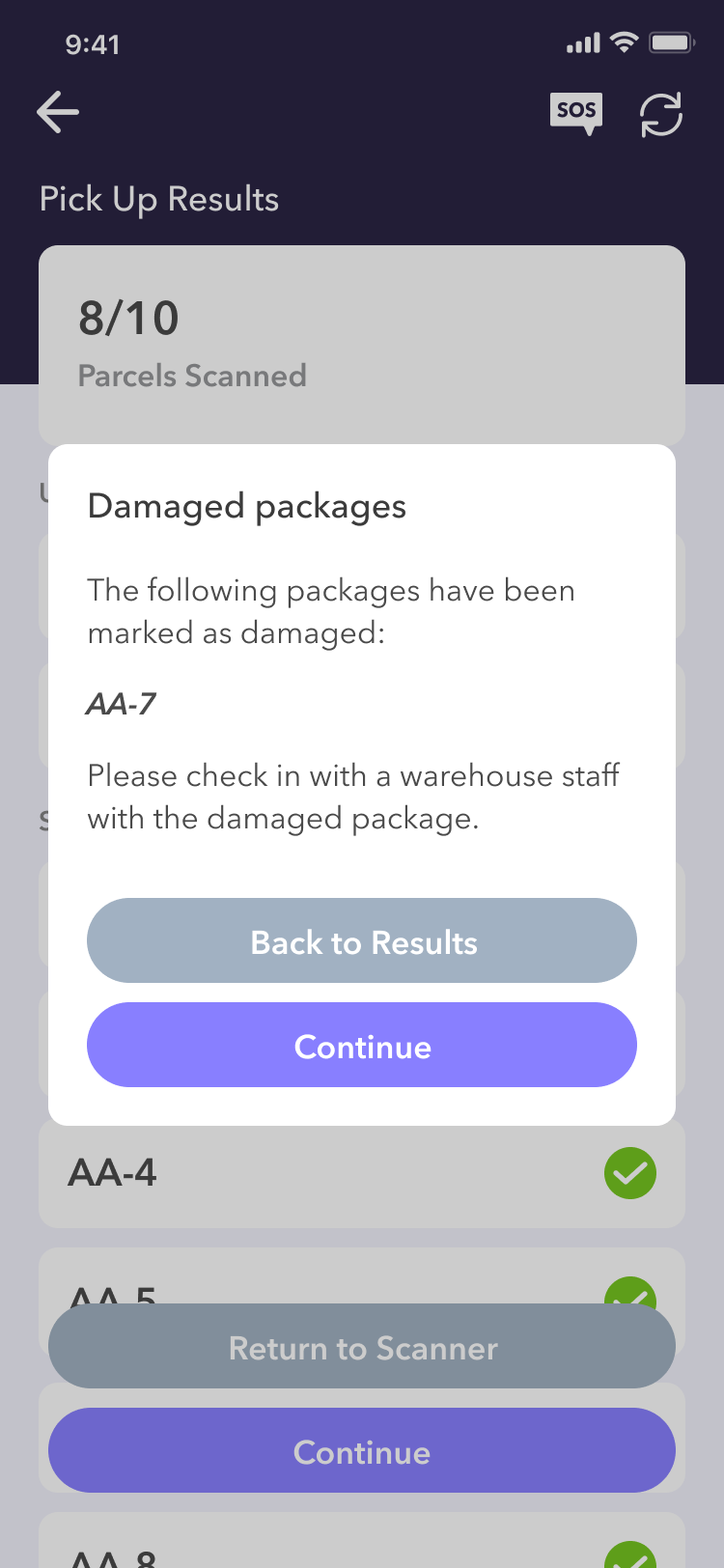 Damaged package modal