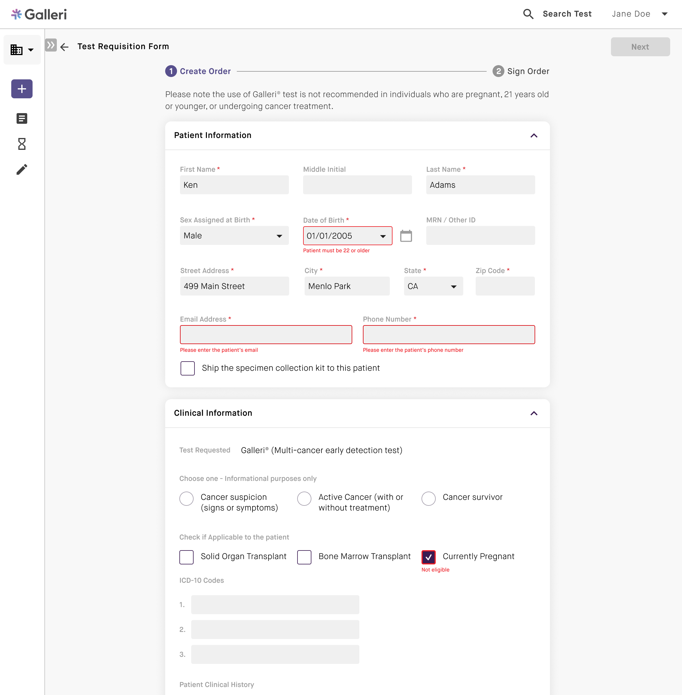 Digital form with inline validation